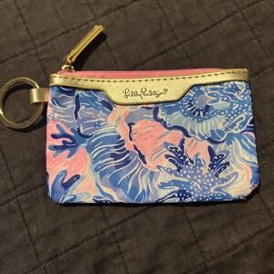Lilly Pulitzer Coin Pouch Keychain Card Holder Pink Blue Coral Floral
